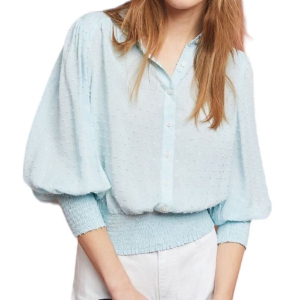 Anthropologie Maeve Fairfield‎ Swiss Dot Smocked Balloon Sleeve Blouse Size S 📦